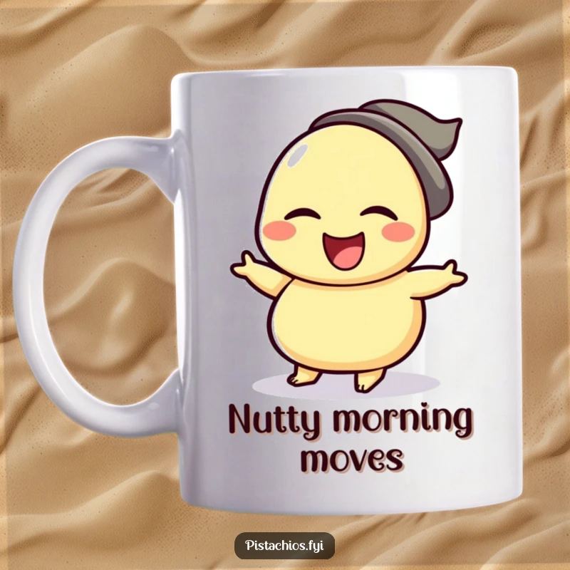 Funny mug featuring a winking cashew character enthusiastically performing a celebratory jig, radiating pure joy and nutty happiness.