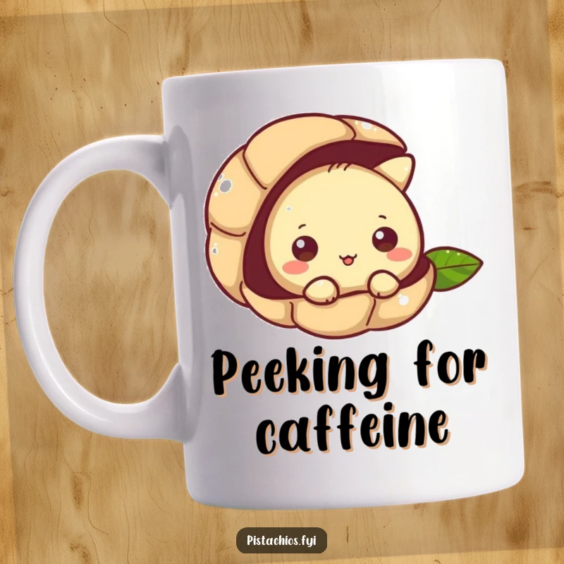 Funny mug showing a pistachio character with wide, curious eyes peeking out from its partially open shell.