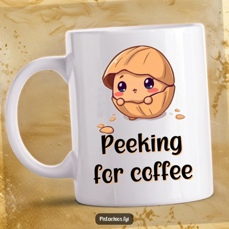 Funny Mug featuring a curious pecan character peeking out from its cracked shell, embodying intrigue and gentle humor.