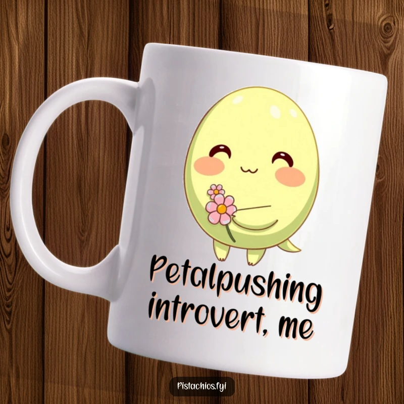 Funny mug featuring a shy, blushing pistachio character holding a delicate tiny flower, radiating sweet, timid humor.