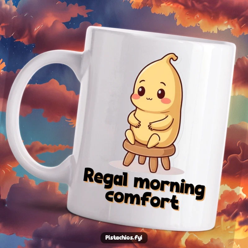 Funny mug featuring a contented Brazil nut character sitting majestically on a small stool, exuding regal charm.