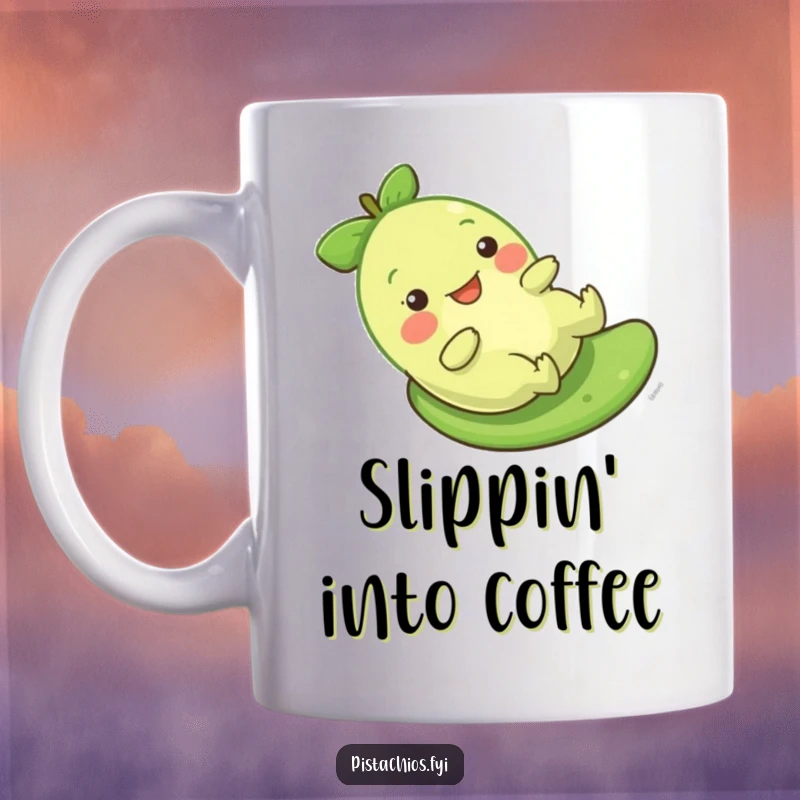 Funny Pistachio Mug showing a character gleefully sliding down a green surface, a humorous and joyful design.