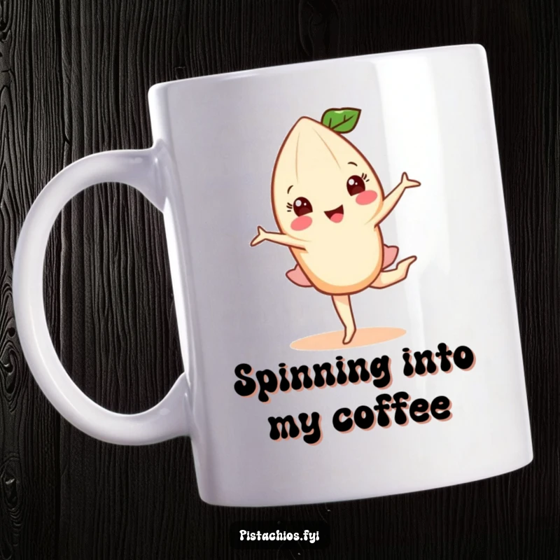 Funny mug showing a happy almond character executing a perfect and graceful pirouette, embodying nutty elegance and joy.