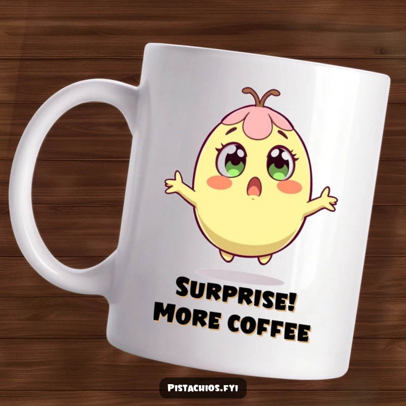 Funny mug featuring a surprised pistachio character with wide eyes, comically leaping upwards in shock.