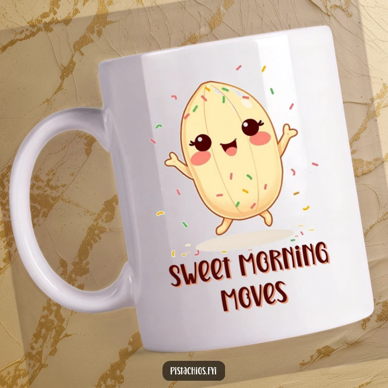 Funny mug showing a delighted pistachio character joyfully dancing with tiny, colorful sprinkles swirling around it.