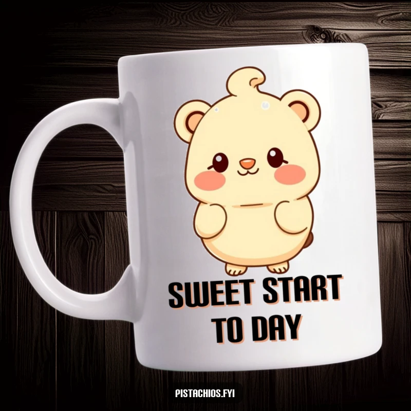 Funny mug featuring a cute blushing macadamia nut character with a shy, sweet smile, radiating warmth.