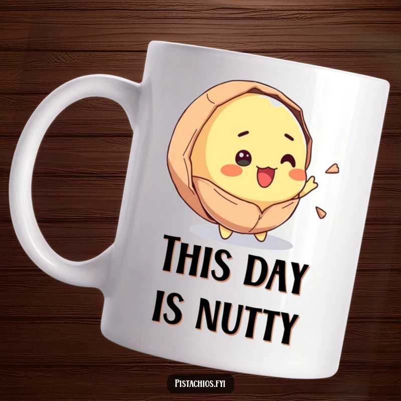 Funny mug depicting a pistachio character cracking open with pure joy and surprise. This design captures a moment of hilarious, unexpected happiness.