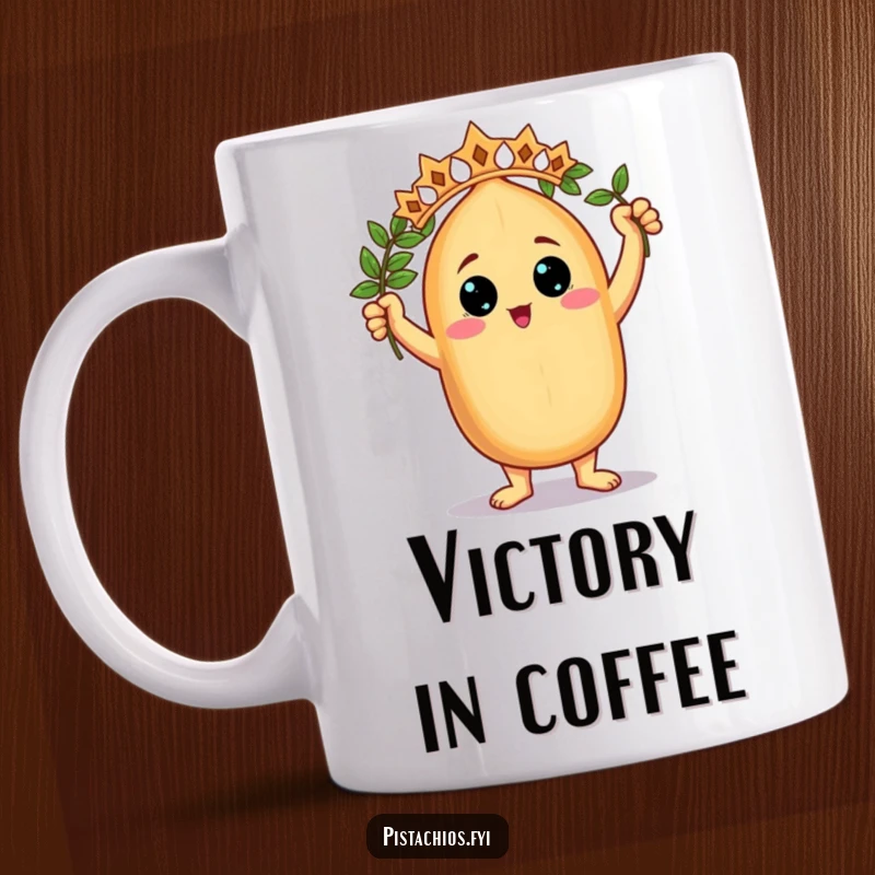 Funny Mug: A triumphant nut character proudly holding a tiny laurel wreath, radiating victory and accomplishment.