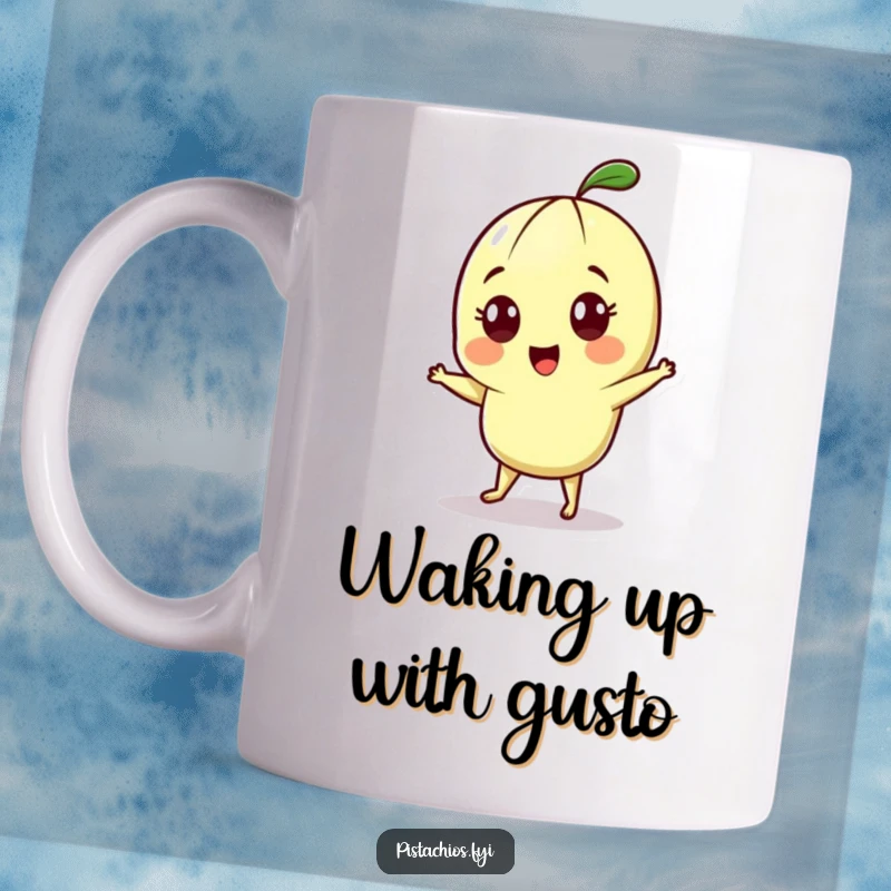 Funny mug shows a cheerful pistachio character with wide eyes, enthusiastically performing a joyful little dance.