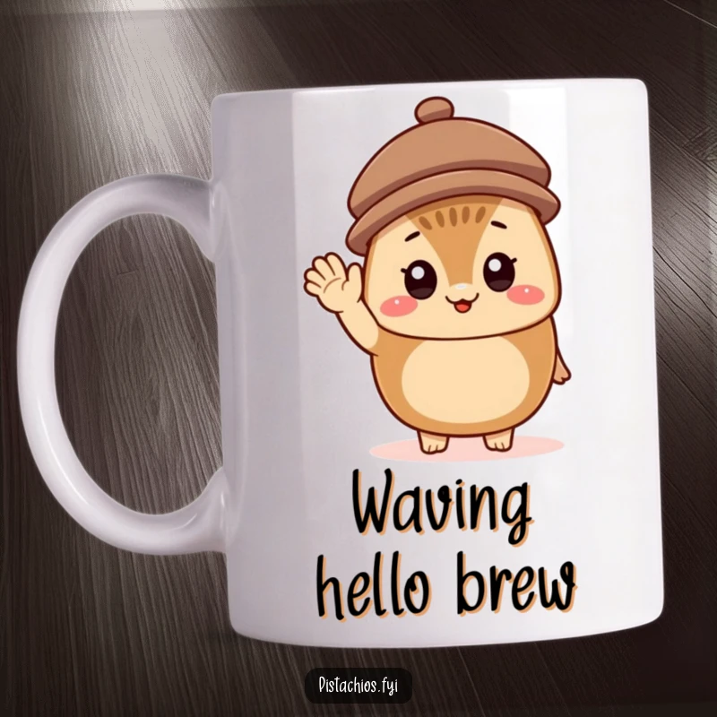 Funny Mug featuring a cheerful hazelnut character wearing a tiny hat and happily waving, radiating joy and friendly vibes.