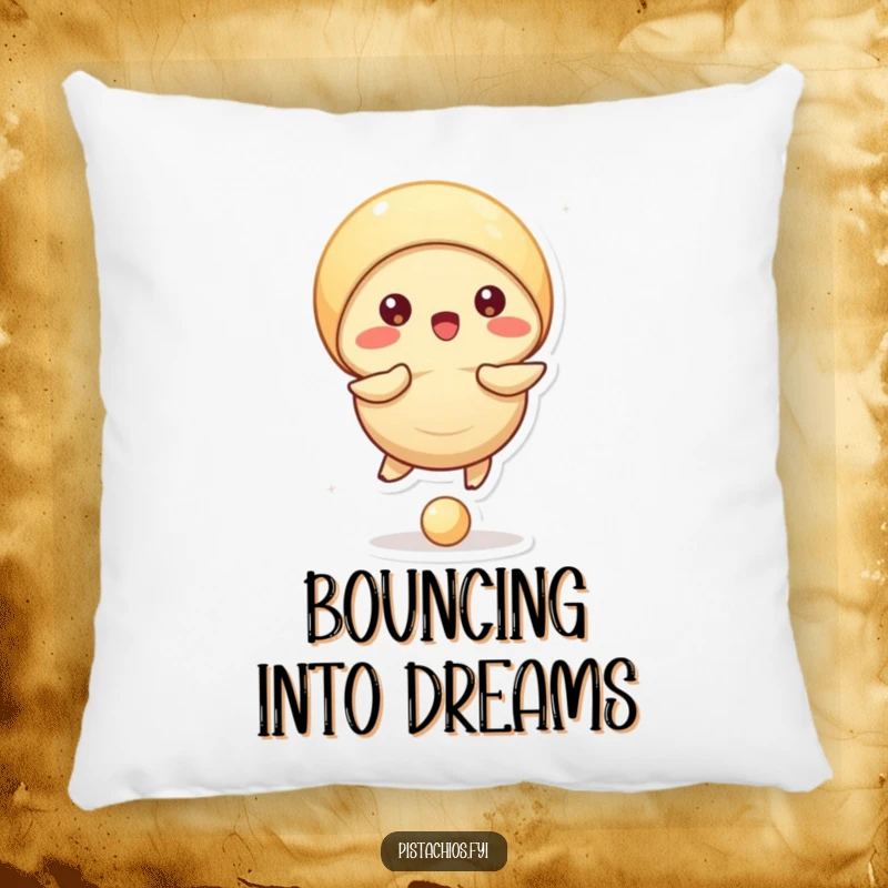 Funny pillow illustration of a pistachio character bouncing a small ball with its shell, perfect for adding active humor.