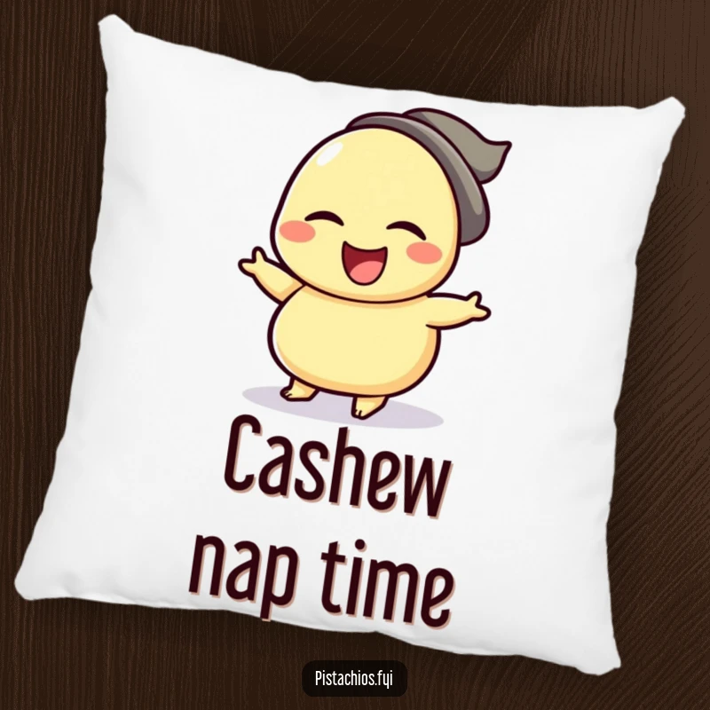 Funny pillow featuring a winking cashew character joyfully executing a celebratory jig, adding nutty charm and comfort to any seating area.