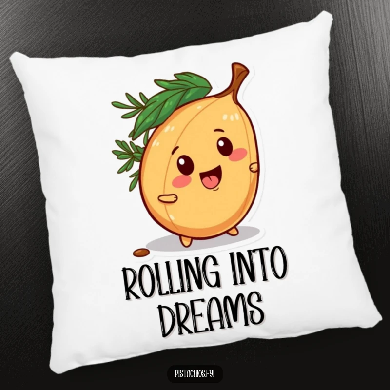 Funny pillow design of a mischievous pine nut character rolling away playfully, adding a touch of fun to decor.