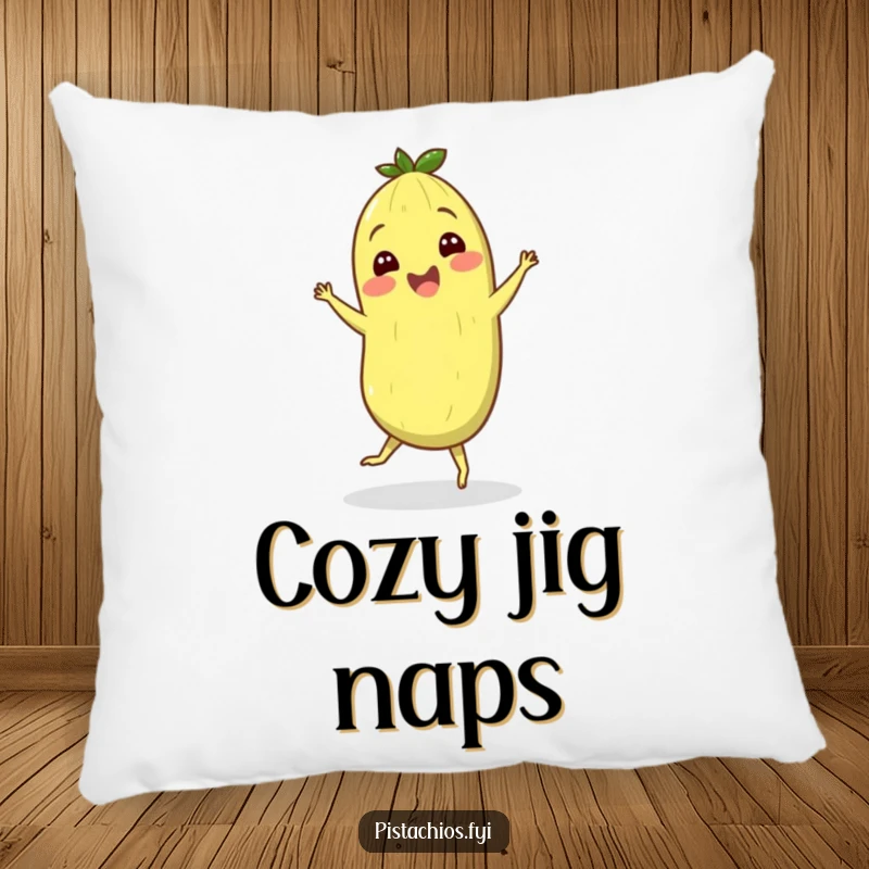 Funny and soft pillow showcasing a cheerful pistachio character doing a silly jig, perfect for adding comfort and charm.