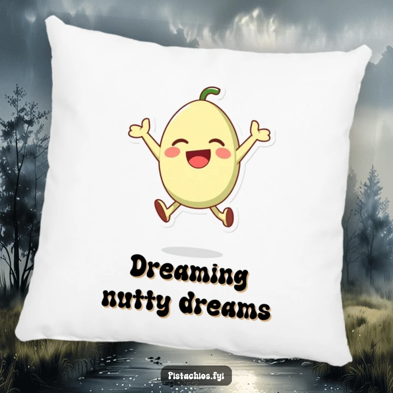 Funny and soft pillow showcasing a happy pistachio character leaping with excitement, perfect for adding comfort and charm.