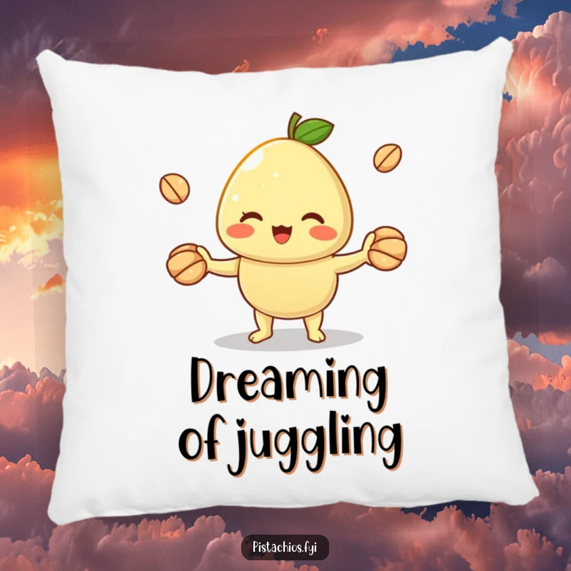 Funny pillow featuring a cheerful pistachio character juggling shells. Soft and humorous, this cushion brings playful skill and comfort to any space.