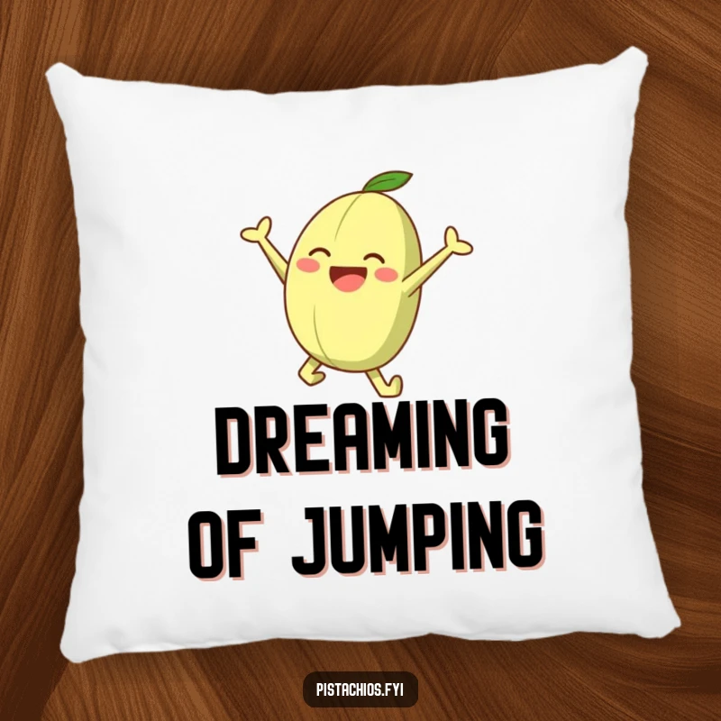 Funny pillow with a joyful pistachio character in a leaping pose, offering comfort and a splash of nutty humor.