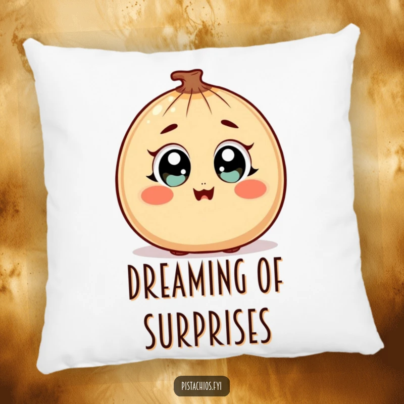 Funny Pillow featuring a surprised nut character with wide, happy eyes and a blush, providing cozy, humorous comfort.
