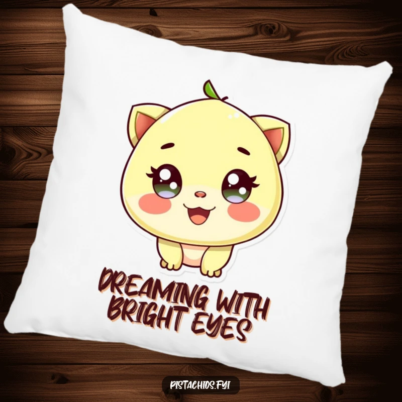 Funny pillow with a delighted pistachio character whose sparkling eyes radiate joy, offering comfort and nutty cheer.