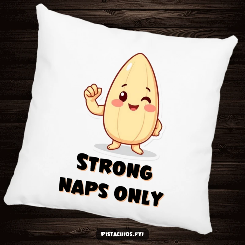 Funny happy almond character flexing a tiny bicep on a pillow, offering humorous comfort and a strong vibe.