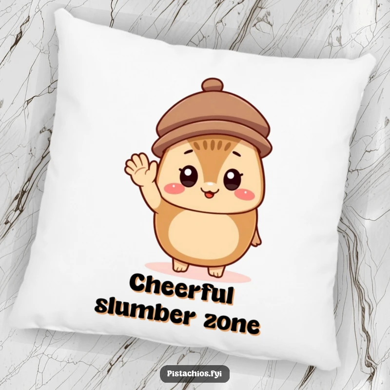 Funny Pillow featuring a cheerful hazelnut character in a tiny hat, waving hello with a friendly smile, bringing comfort and joy.