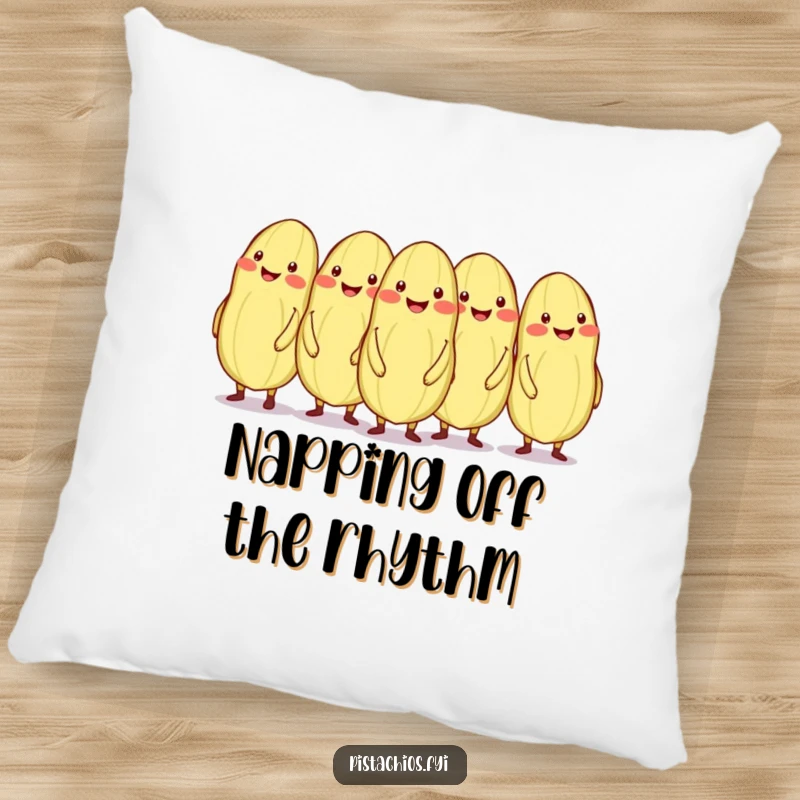 Funny conga line of smiling pistachios, one out of sync, on a pillow.