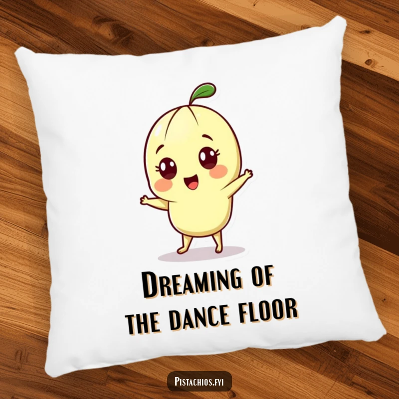 Funny pillow showcases a cheerful pistachio character with wide, excited eyes, doing a happy little dance.