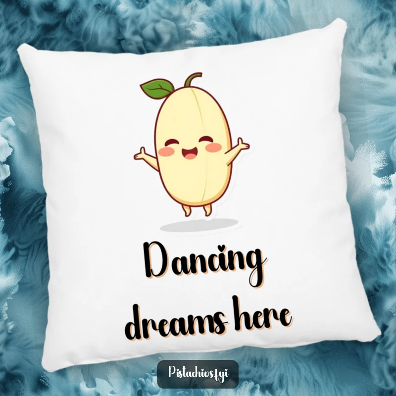 Funny pillow designed with a delighted pistachio character in a happy dance, offering comfort and a dose of cheerful humor.