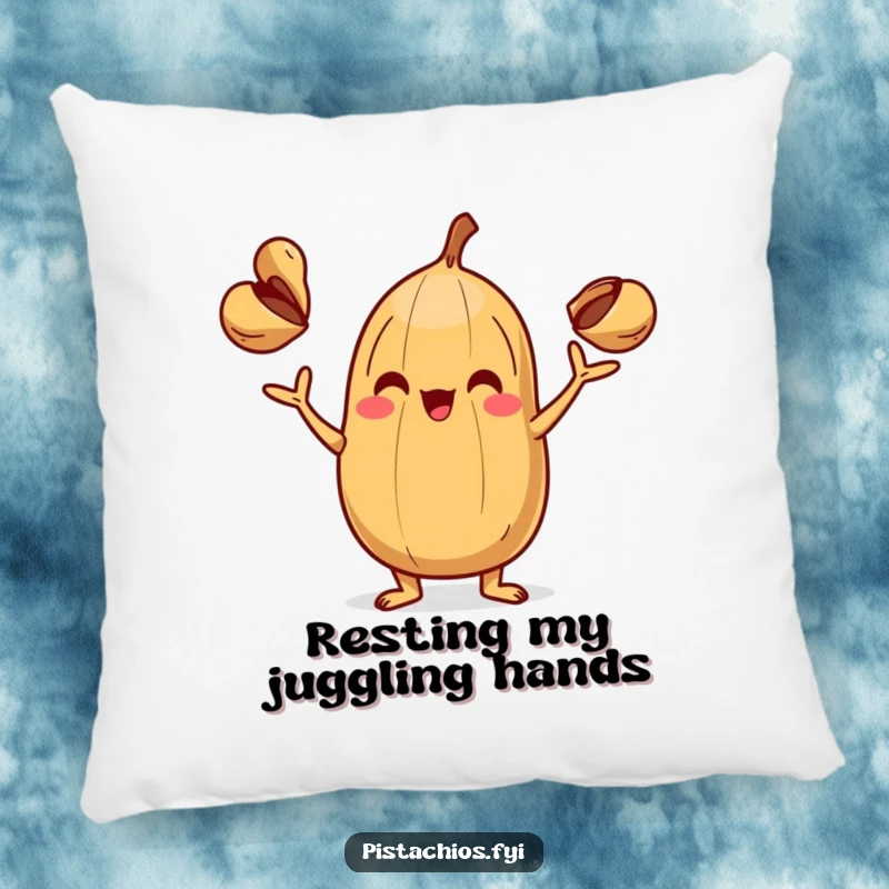 Funny Pillow: A soft, plush pillow showcasing a playful nut character expertly juggling tiny shells, ideal for adding comfort and humor.
