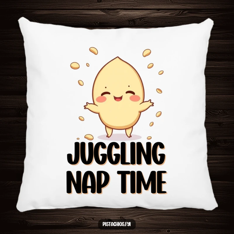 Funny pillow featuring a pistachio juggling crumbs, perfect for adding a humorous and cozy accent.