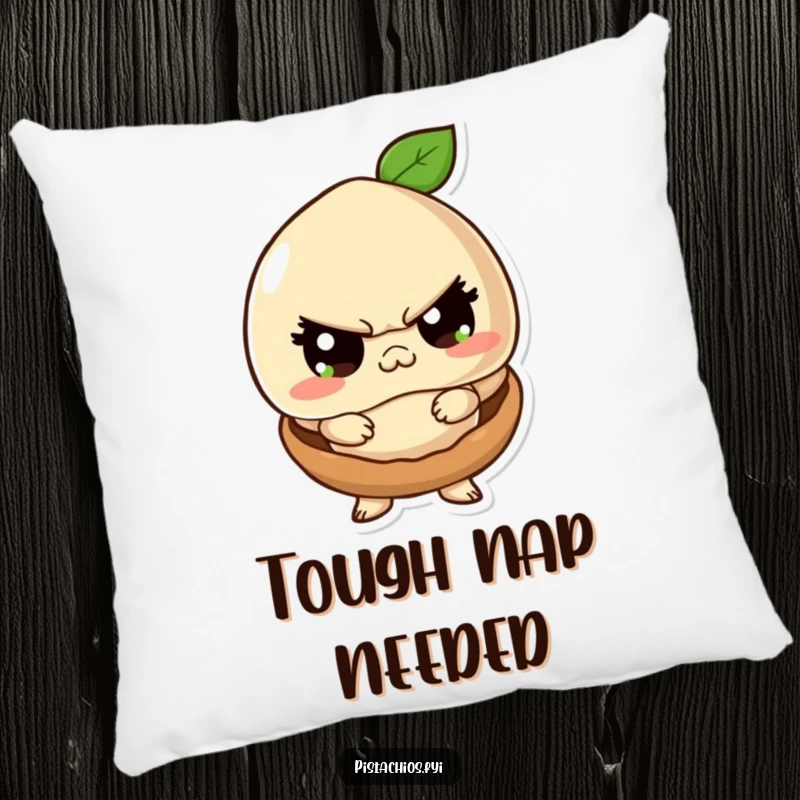 Funny pillow featuring a macadamia nut character adopting a tough stance from inside its small shell, adding nutty humor and comfort.