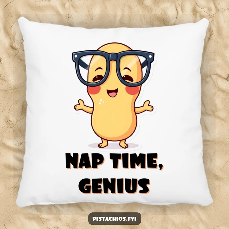 Funny pillow showcasing a giggling peanut character with large glasses in a funny pose, offering comfort and a dose of humor.