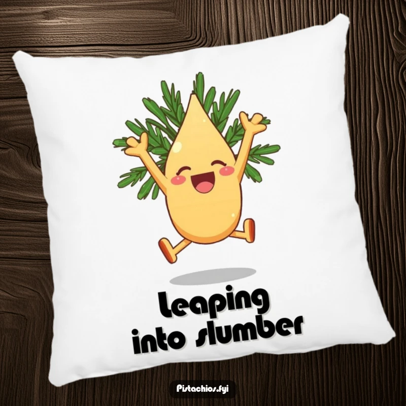 Funny Pillow: A Joyous Pine Nut Character Leaping with Exuberant Excitement and Comical Glee.
