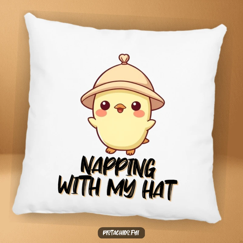 Funny pillow with a pistachio character wearing a tiny hat, offering comfort and a dash of nutty style.