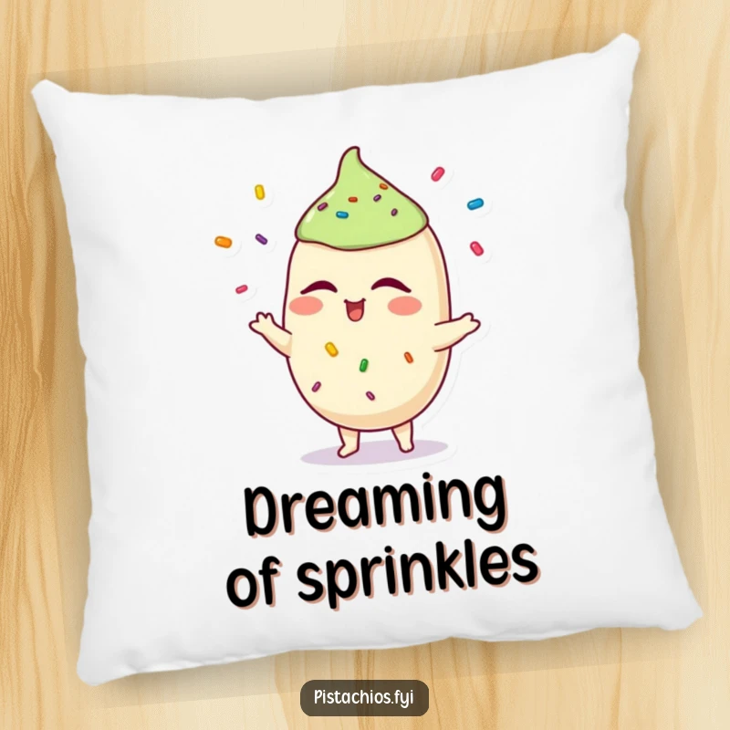 Funny pistachio pillow with a winking character juggling sprinkles, offering soft comfort and playful humor. A fantastic funny gift.