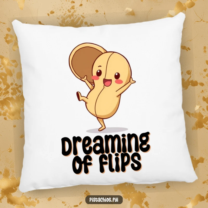 Funny Pillow featuring a playful peanut character doing a cartwheel with its shell open, providing comfort and a dose of energetic fun.
