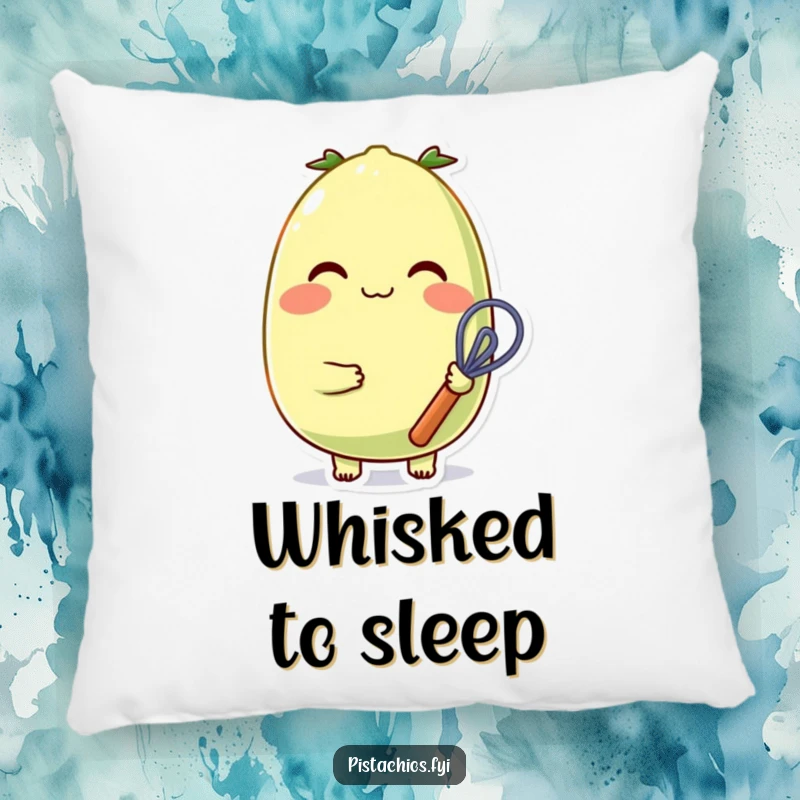 Funny, cheerful pistachio character with rosy cheeks and a small whisk, featured on a soft and cozy throw pillow.