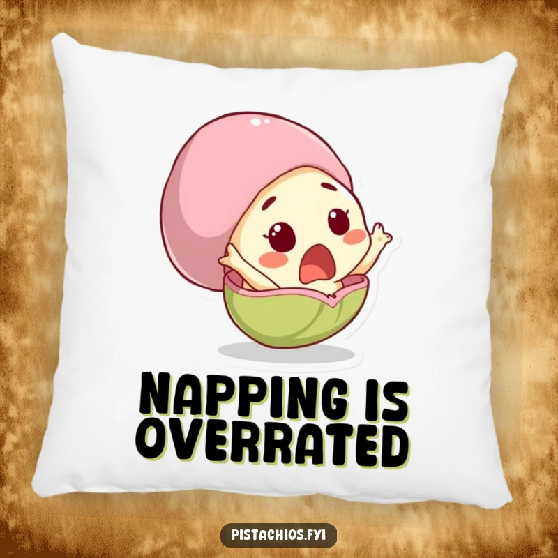 Funny pillow with a surprised pistachio character comically leaping out of its shell, offering comfort and humor.