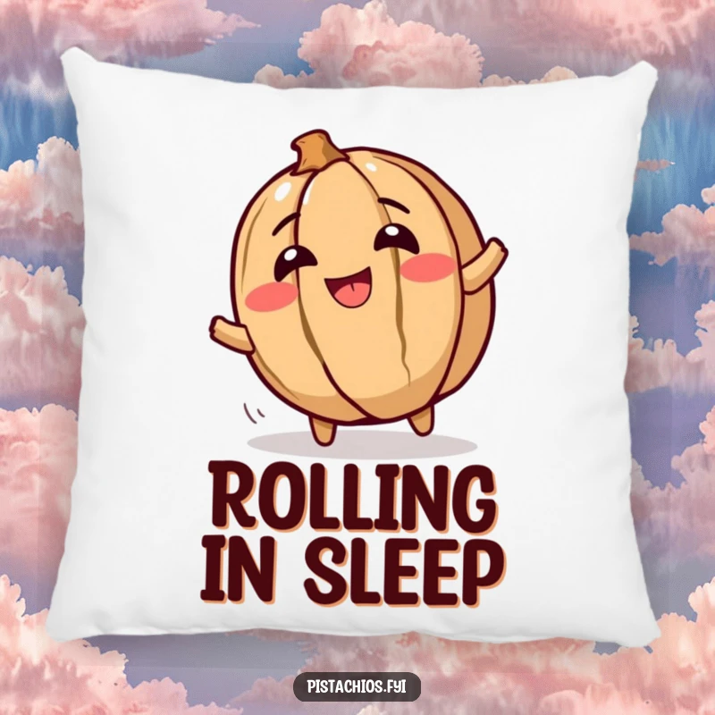 Funny decorative pillow featuring a giggling walnut character rolling with glee, perfect for adding soft humor and nutty charm to any room.