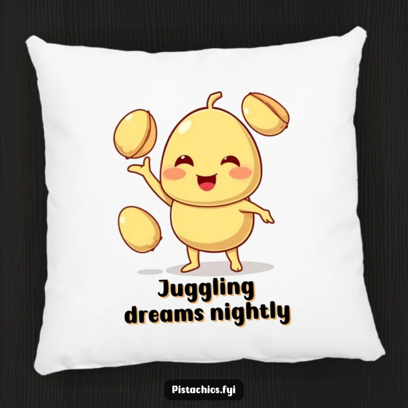 Funny pillow showcases a smiling pistachio character skillfully juggling two other pistachios with a relaxed, happy expression.