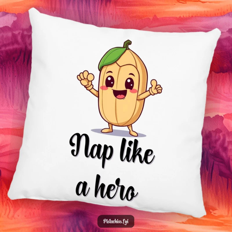 Funny Pillow featuring a delighted Brazil nut character in a heroic pose, offering comfort and a quirky touch of bravery.