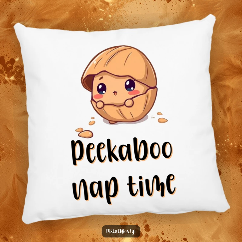 Funny Pillow featuring a curious pecan character peeking out from its cracked shell, offering comfort and a touch of whimsical mystery.
