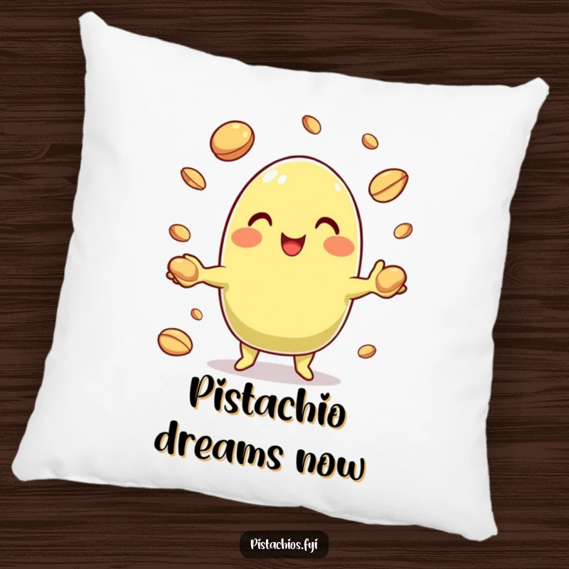 Funny Pistachio Pillow with a delighted character juggling nut shells, providing comfort and humorous appeal.