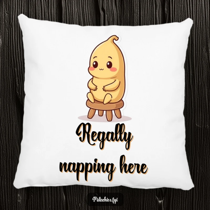 Funny pillow design of a regal Brazil nut character sitting majestically on a stool, adding dignified comfort to decor.