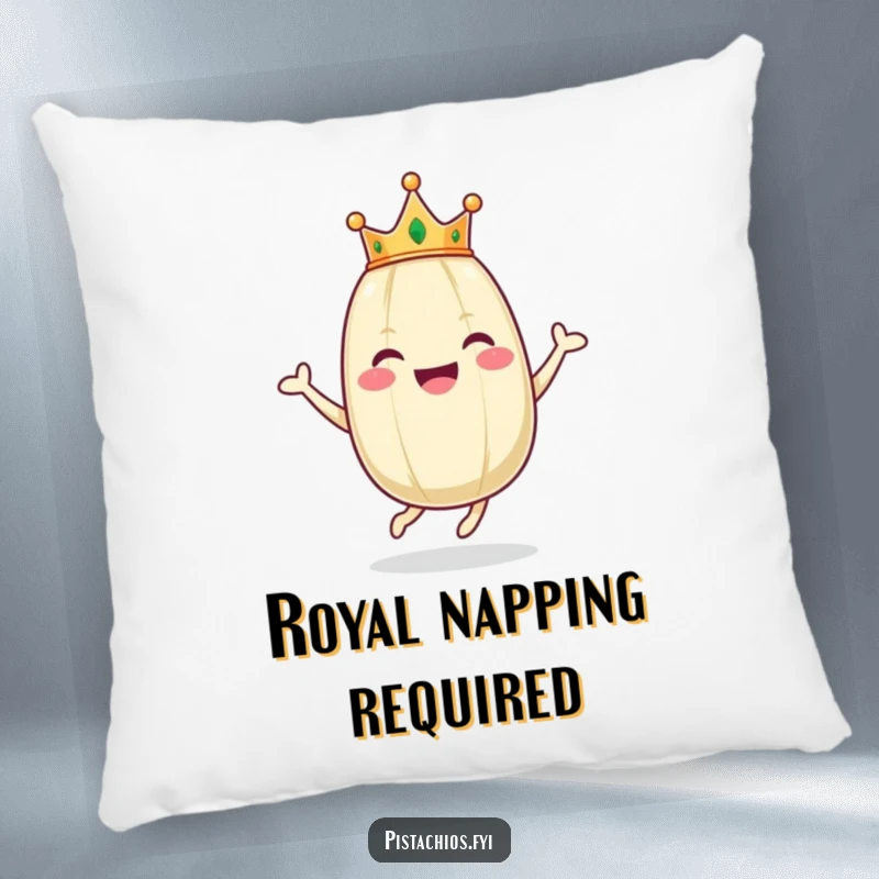 Funny pillow illustration of a happy pistachio wearing a crown, caught in a moment of ecstatic hopping with pure delight.