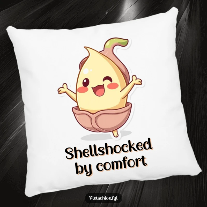 Funny jubilant pistachio nut character bursting from its shell on a pillow, offering humorous comfort and a nutty vibe.