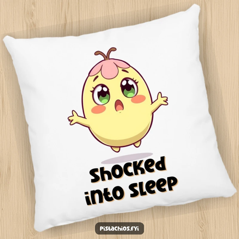 Funny pillow featuring a pistachio character leaping in surprise, perfect for adding a humorous accent.
