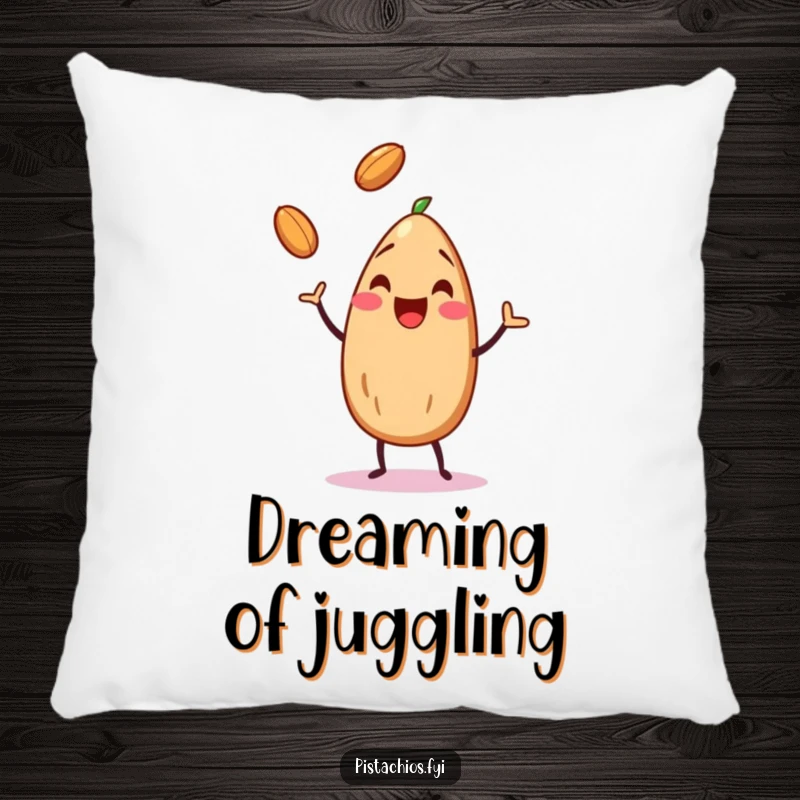 Funny almond character juggling nuts, designed for comfort on a soft decorative pillow.