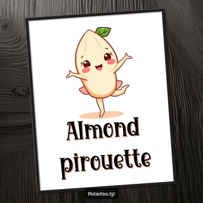 Funny digital art print of a happy almond character executing a perfect pirouette, embodying nutty grace and artistic expression.
