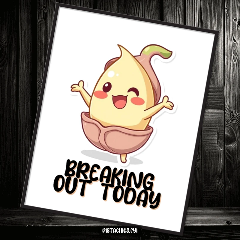 Funny jubilant pistachio nut character bursting from its shell, presented as humorous and energetic digital wall art.